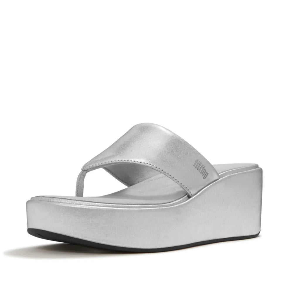 FitFlop JF8-011 platform wedge sandals for women, silver textile with T-strap design and chunky high heel.