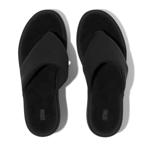 FitFlop JF8-090 platform narrow black slip-on sandals for ladies, comfortable open-toe design with side stretch straps.