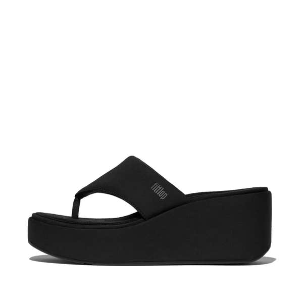 FitFlop JF8-090 women's narrow black slip-on platform sandals with cushioned footbed and thick wedge sole.