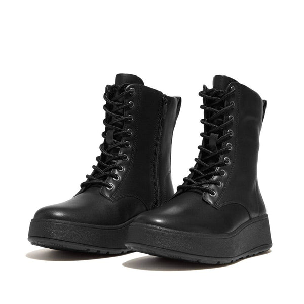 Fitflop Gm4-090 F-Mode Ladies All Black Leather Zip & Lace Ankle Boots-elevate your sole