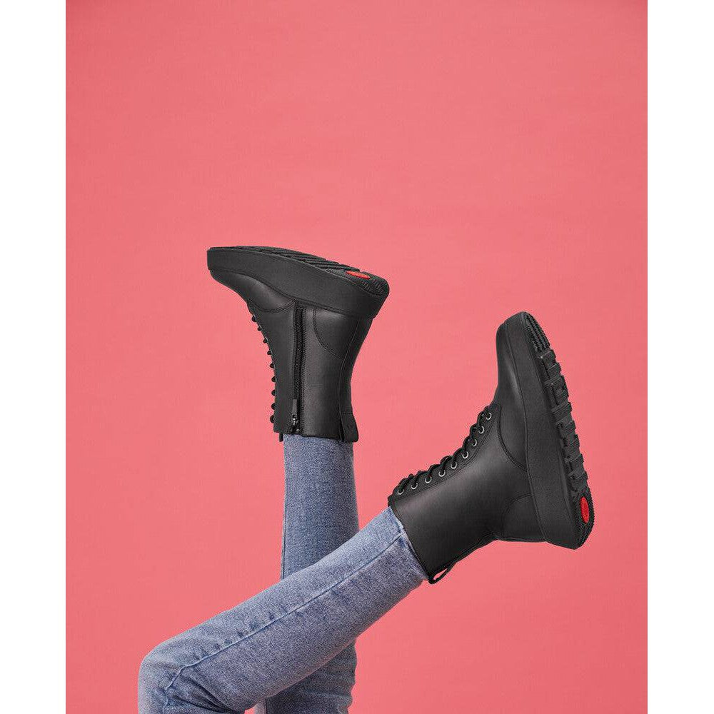 Fitflop Gm4-090 F-Mode Ladies All Black Leather Zip & Lace Ankle Boots-elevate your sole