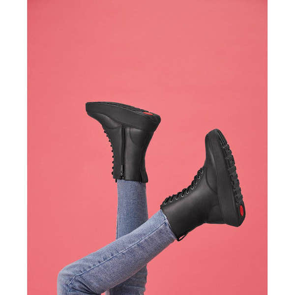 Fitflop Gm4-090 F-Mode Ladies All Black Leather Zip & Lace Ankle Boots-elevate your sole