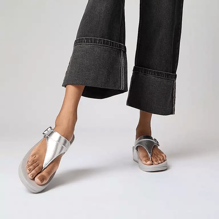 Fitflop Ig4-011 Lulu Adjustable Buckle Ladies Silver Leather & Textile Toe Post Sandals-elevate your sole