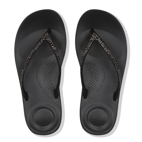 Fitflop R08-001 Iqushion Sparkle Ladies Black Toe Post Sandals - elevate your sole