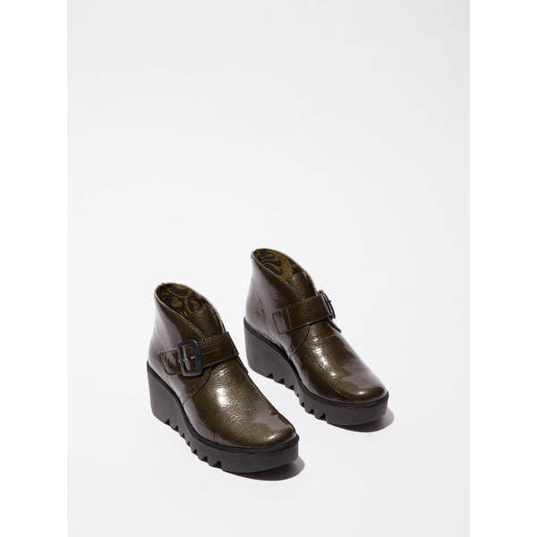 Fly BIRT397 Rock Ladies Green Patent Leather Buckle Ankle Boots-elevate your sole