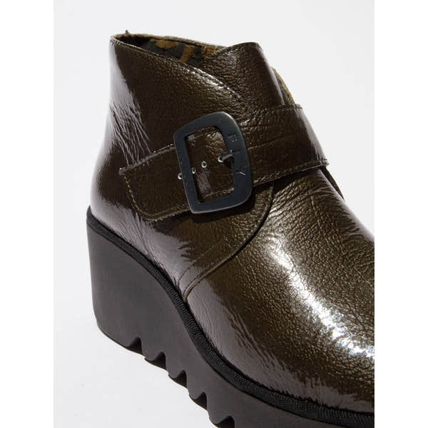 Fly BIRT397 Rock Ladies Green Patent Leather Buckle Ankle Boots-elevate your sole