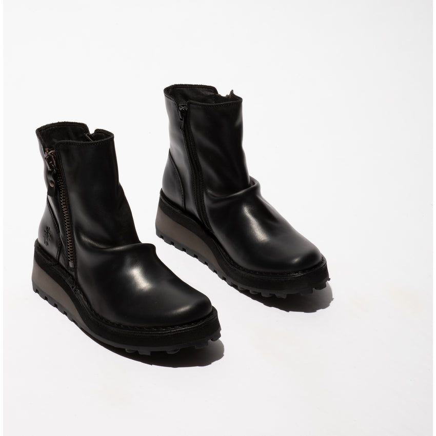 Fly HOLE146FLY Ladies black leather twin zip ankle boots, stylish rugged design with chunky sole, mid-calf height.