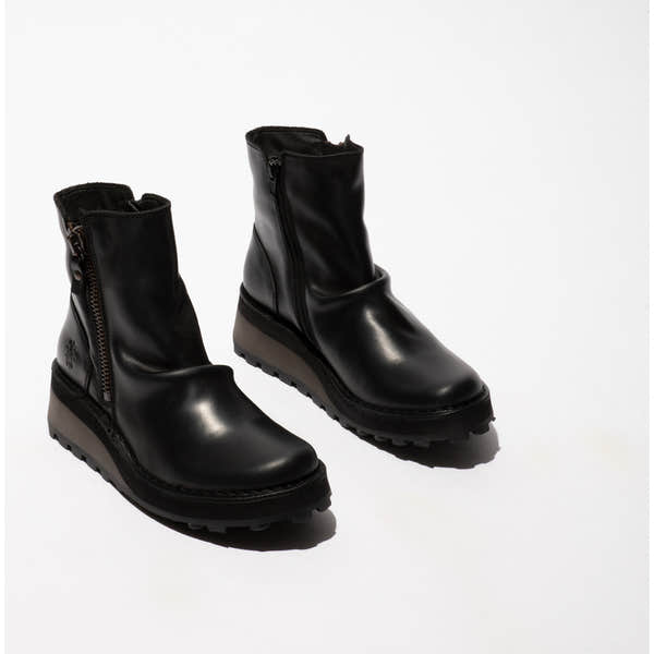 Fly HOLE146FLY Ladies black leather twin zip ankle boots, stylish rugged design with chunky sole, mid-calf height.