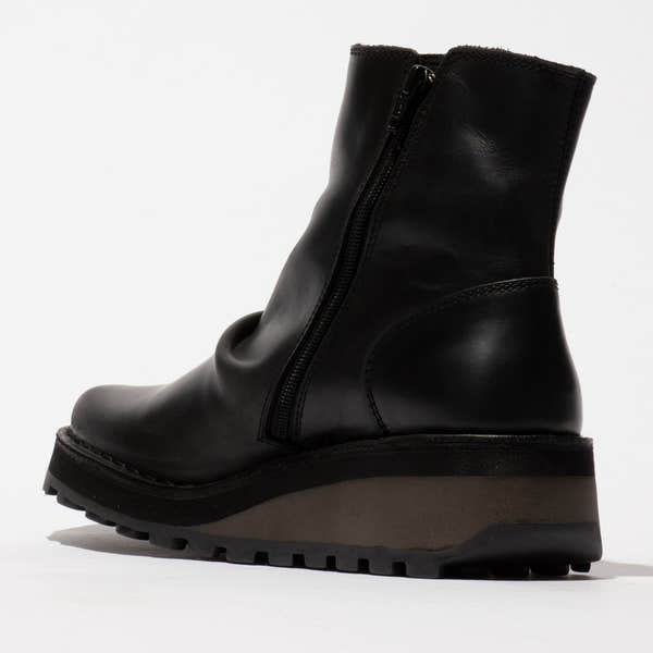 Fly HOLE146FLY Ladies Black Leather Twin Zip Ankle Boots with wedge sole.