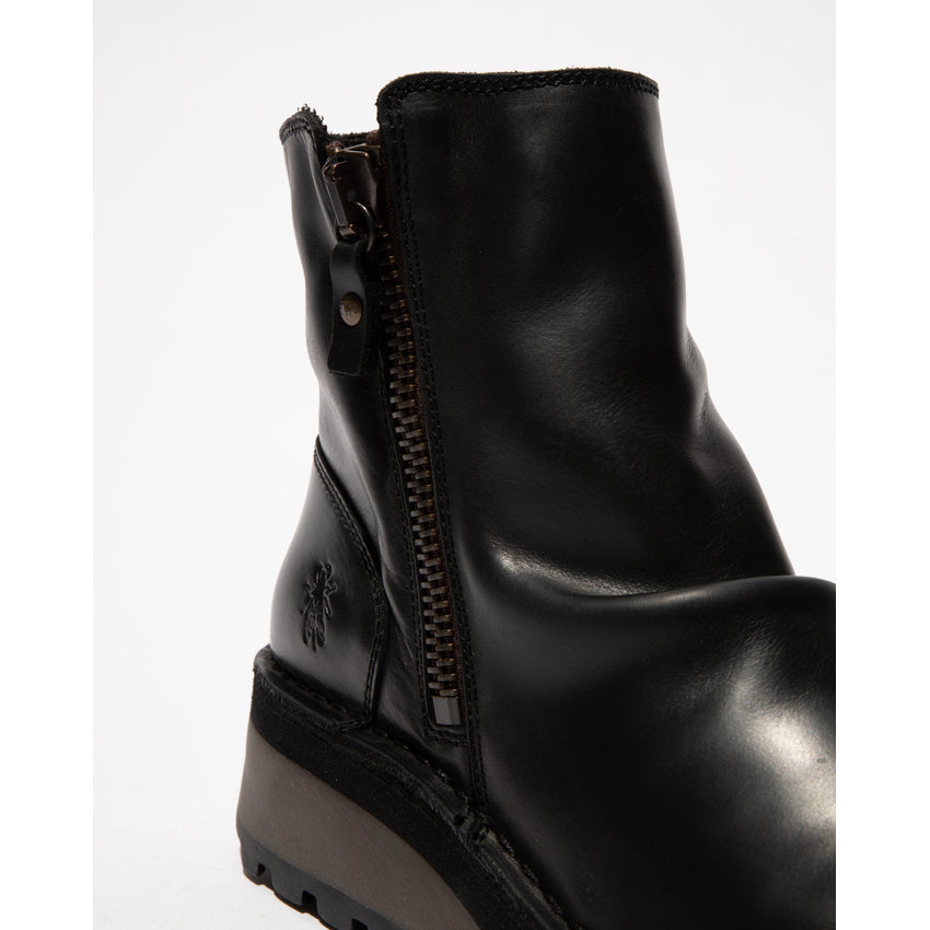 Fly HOLE146FLY Ladies black leather ankle boots with twin zippers, stylish design, and chunky sole.