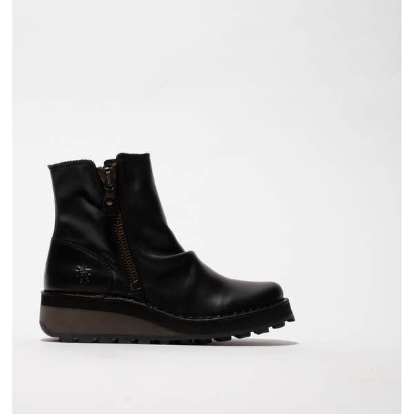 Fly HOLE146FLY Ladies Rug Black Leather Twin Zip Ankle Boots, stylish black leather ankle boots with twin zippers and chunky sole.