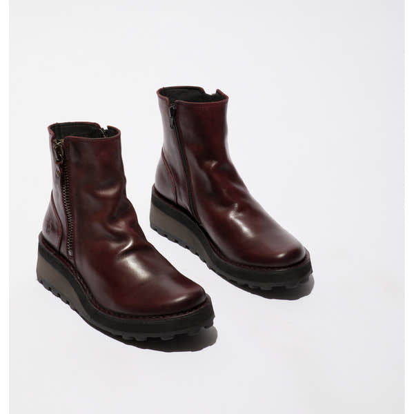 Fly HOLE146FLY Ladies Rug Wine Leather Twin Zip Ankle Boots, stylish ankle boots with twin zippers, rugged sole, and polished wine leather finish.