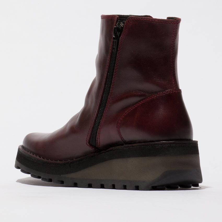 Fly HOLE146FLY Ladies burgundy leather twin-zip ankle boots with a wedge heel and rugged outsole.