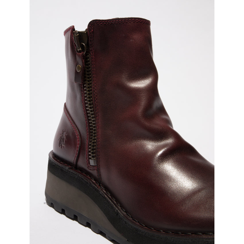 Fly HOLE146FLY women's burgundy leather twin-zip ankle boots with rugged sole and decorative side zipper.