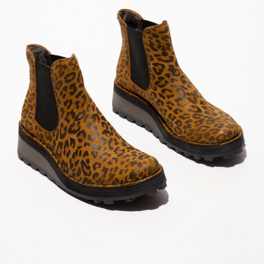 Fly HUUD148FLY Ladies Cheetah Tan Leather Pull-On Ankle Boots with black elastic sides and chunky sole.