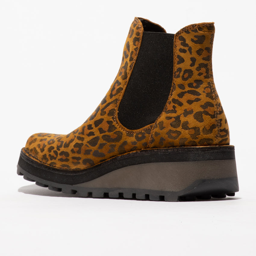 Fly HUUD148FLY women's cheetah tan leather pull-on ankle boots with chunky wedge sole.