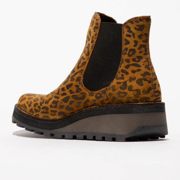 Fly HUUD148FLY women's cheetah tan leather pull-on ankle boots with chunky wedge sole.