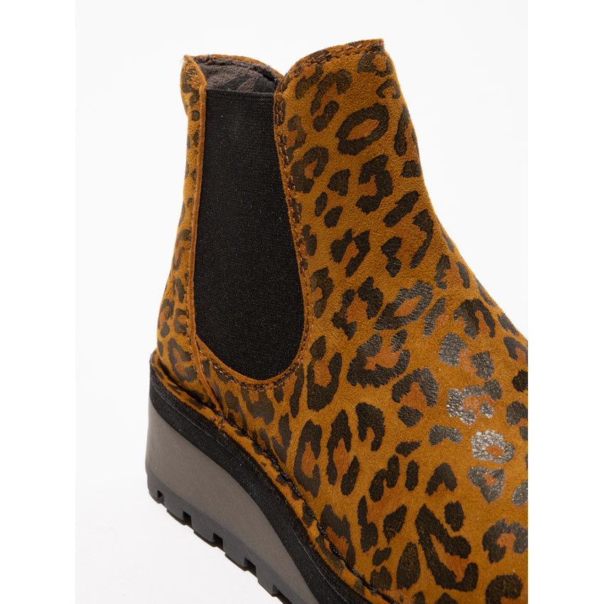 Fly HUUD148FLY ladies cheetah print tan leather pull-on ankle boots, slip-on design, chunky black sole, stylish animal print footwear.
