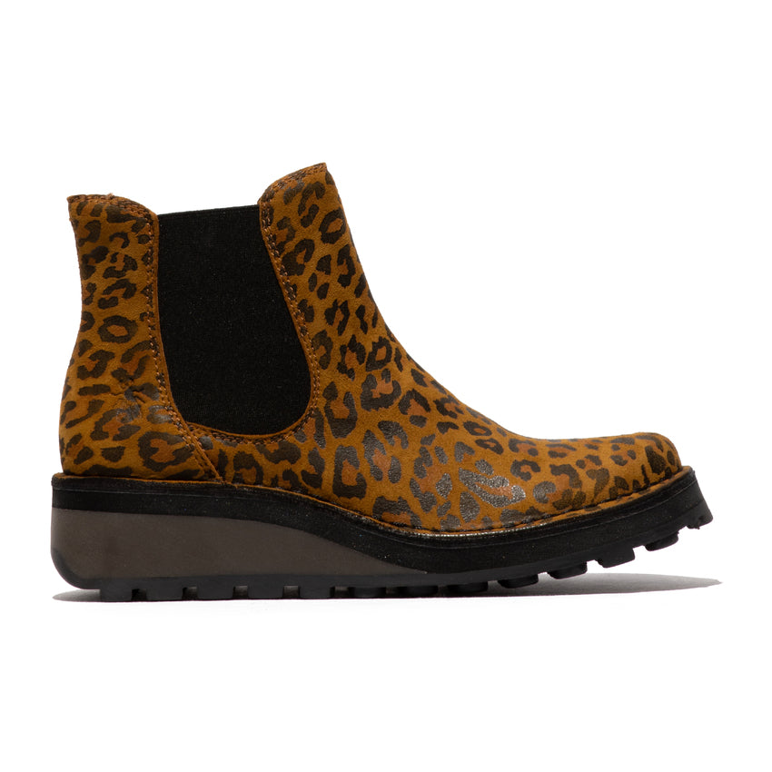 Fly HUUD148FLY women's cheetah print tan leather pull-on ankle boots with black elastic panels and chunky sole.