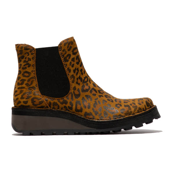 Fly HUUD148FLY women's cheetah print tan leather pull-on ankle boots with black elastic panels and chunky sole.