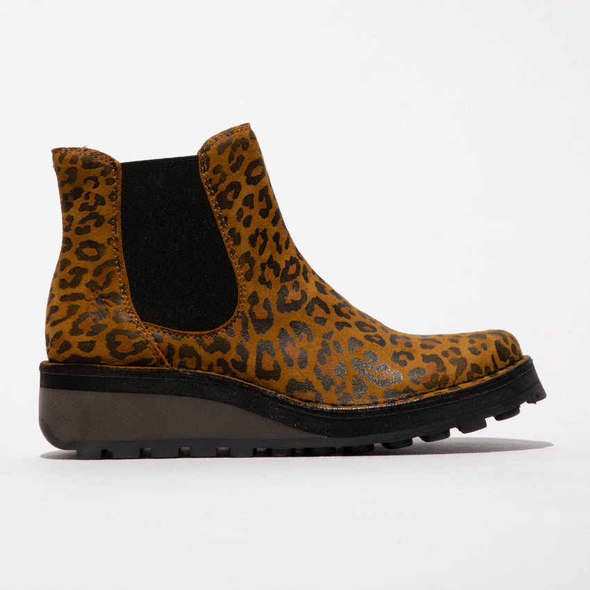Fly HUUD148FLY women's cheetah print tan leather pull-on ankle boots with rugged sole.