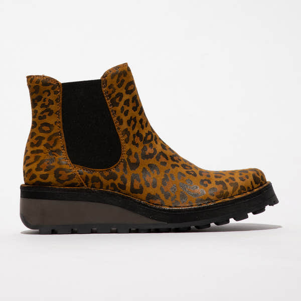 Fly HUUD148FLY women's cheetah print tan leather pull-on ankle boots with rugged sole.