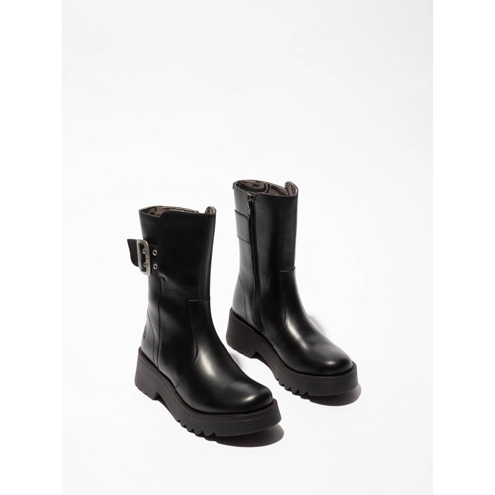 Fly MAZZ127 Rug Ladies Black Leather Side Zip Mid-Calf Boots-elevate your sole