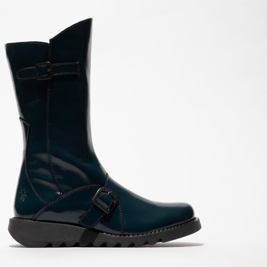 Fly MES2913FLY Ladies Navy Patent Leather Nappalak Mid-Calf Boots with Side Zipper and Buckle Detail