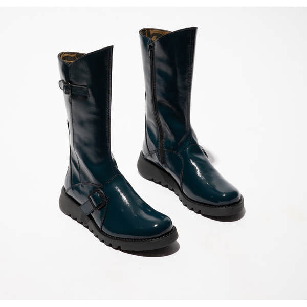 Fly MES2913FLY Ladies Navy Patent Leather Side Zip Mid-Calf Boots with buckle detail and comfortable sole.