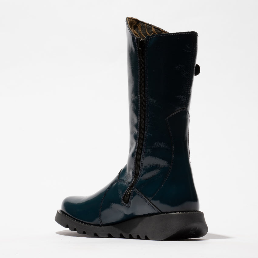 Fly MES2913FLY Ladies Navy Patent Leather Nappalak Side Zip Mid-Calf Boots, stylish waterproof footwear with a chunky sole.
