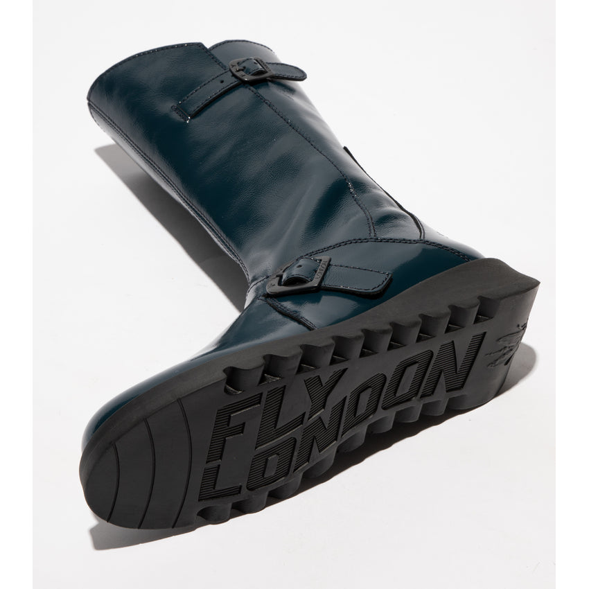 Fly MES2913FLY Ladies Navy Patent Leather Nappalak Mid-Calf Boots with Side Zipper and buckle details.