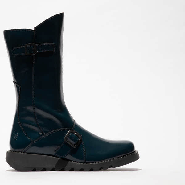 Fly MES2913FLY Ladies Navy Patent Leather Mid-Calf Boots with Side Zipper and buckle detail.