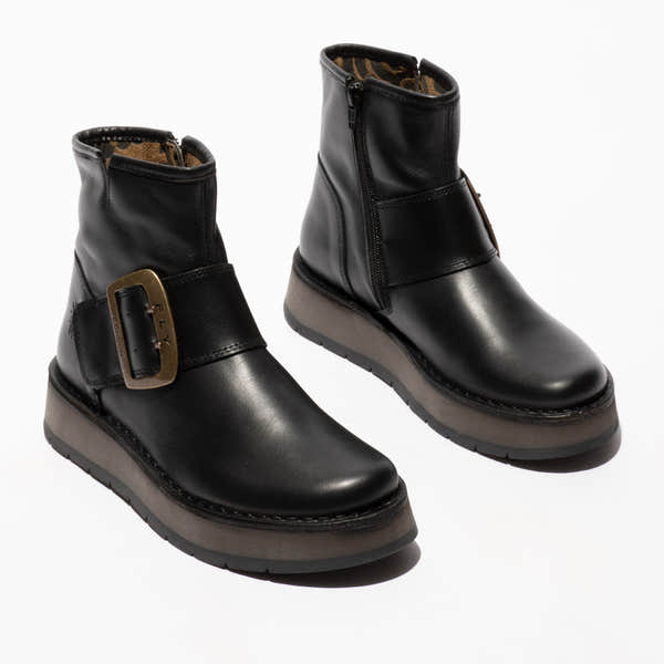 Fly RADS200FLY Ladies black leather ankle boots with side zip and buckle, flat sole, stylish and comfortable footwear.