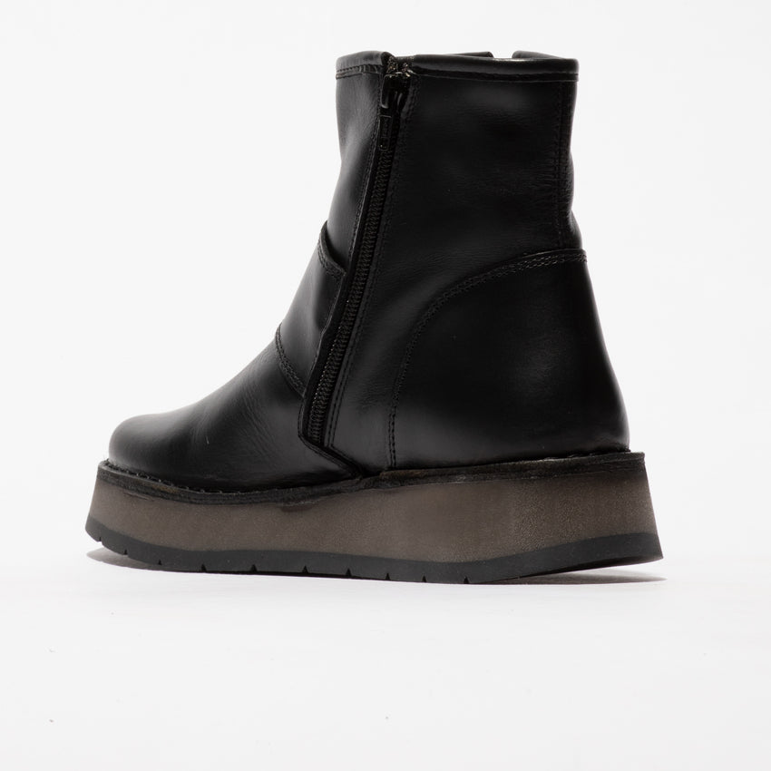 Fly RADS200FLY ladies black leather side zip ankle boots with chunky rubber sole.