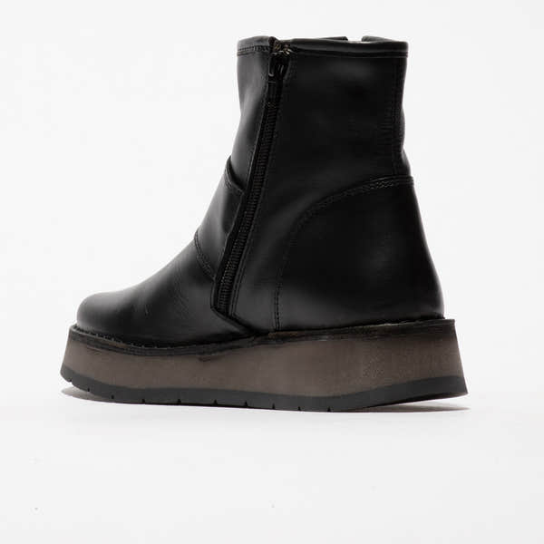 Fly RADS200FLY ladies black leather side zip ankle boots with chunky rubber sole.