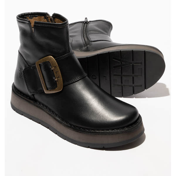Fly RADS200FLY Ladies black leather side zip ankle boots with buckle detail and rugged sole.