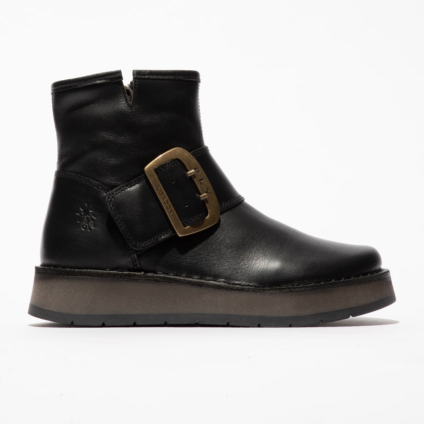 Fly RADS200FLY Ladies Rug Black Leather Side Zip Ankle Boots with buckle detail and flat sole.