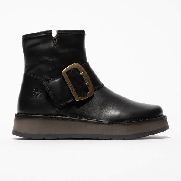 Fly RADS200FLY Ladies Rug Black Leather Side Zip Ankle Boots with buckle detail and flat sole.