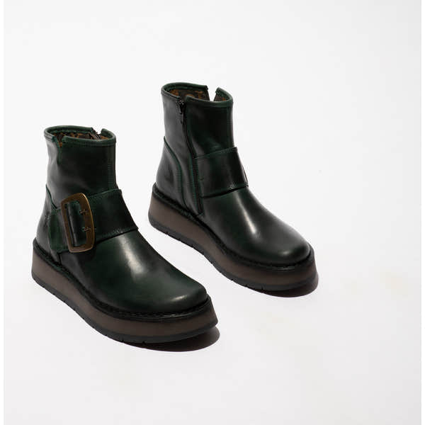Fly RADS200FLY Ladies Rug Petrol Leather Side Zip Ankle Boots with buckle detail, chunky sole, and leather finish.