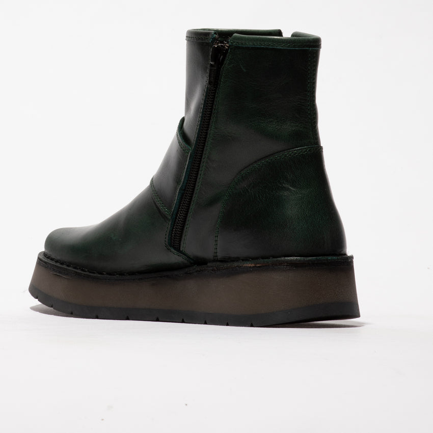 Fly RADS200FLY Ladies Rug Petrol Leather Side Zip Ankle Boots with chunky sole and sleek design.