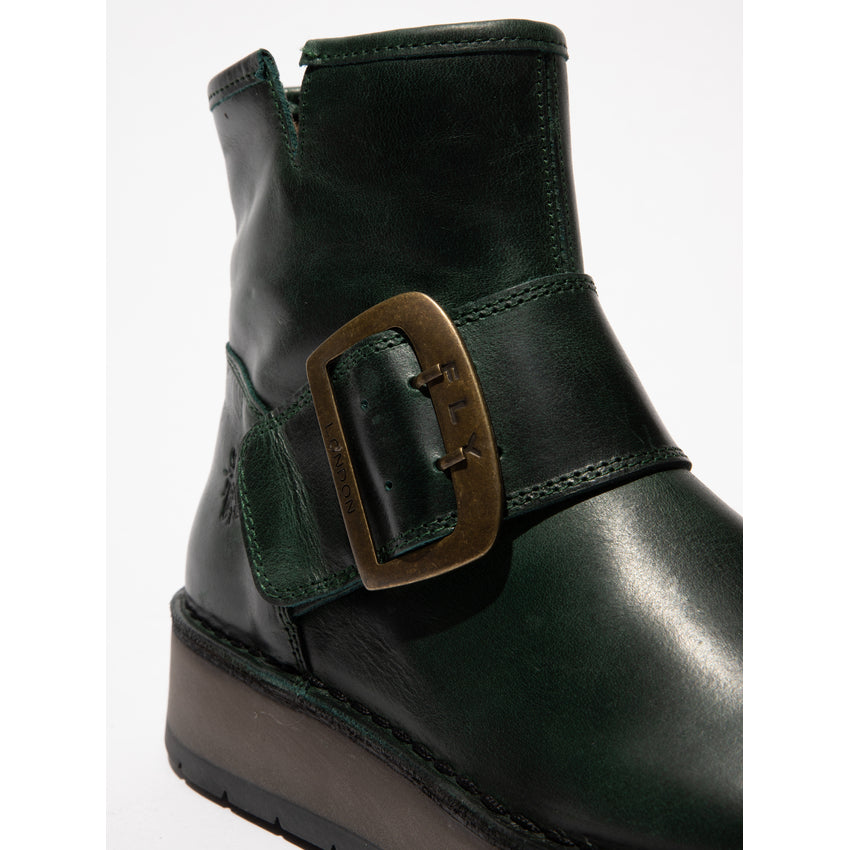 Fly RADS200FLY women's petrol leather ankle boots with side zipper and decorative buckle detail.