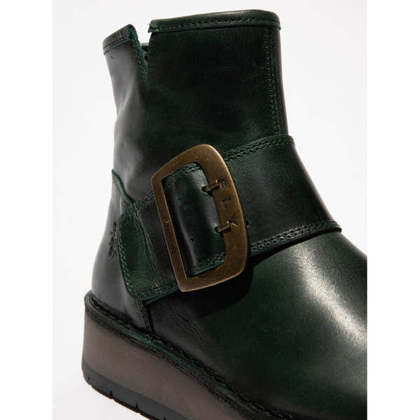 Fly RADS200FLY women's petrol leather ankle boots with side zipper and decorative buckle detail.