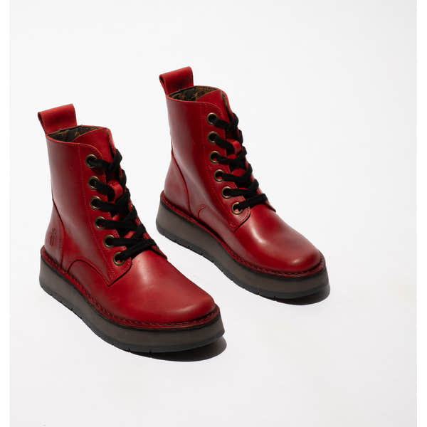 Fly REIG201FLY women's red leather lace-up ankle boots with black soles and pull tabs, stylish and durable footwear.