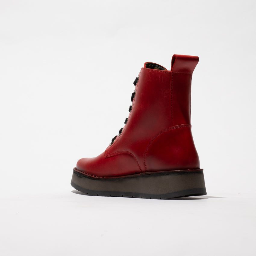 Fly REIG201FLY Ladies Red Leather Lace-Up Ankle Boots with Chunky Sole