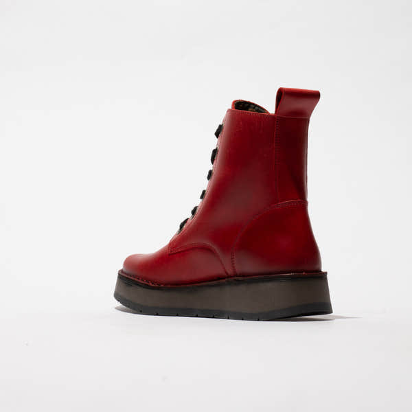 Fly REIG201FLY Ladies Red Leather Lace-Up Ankle Boots with Chunky Sole