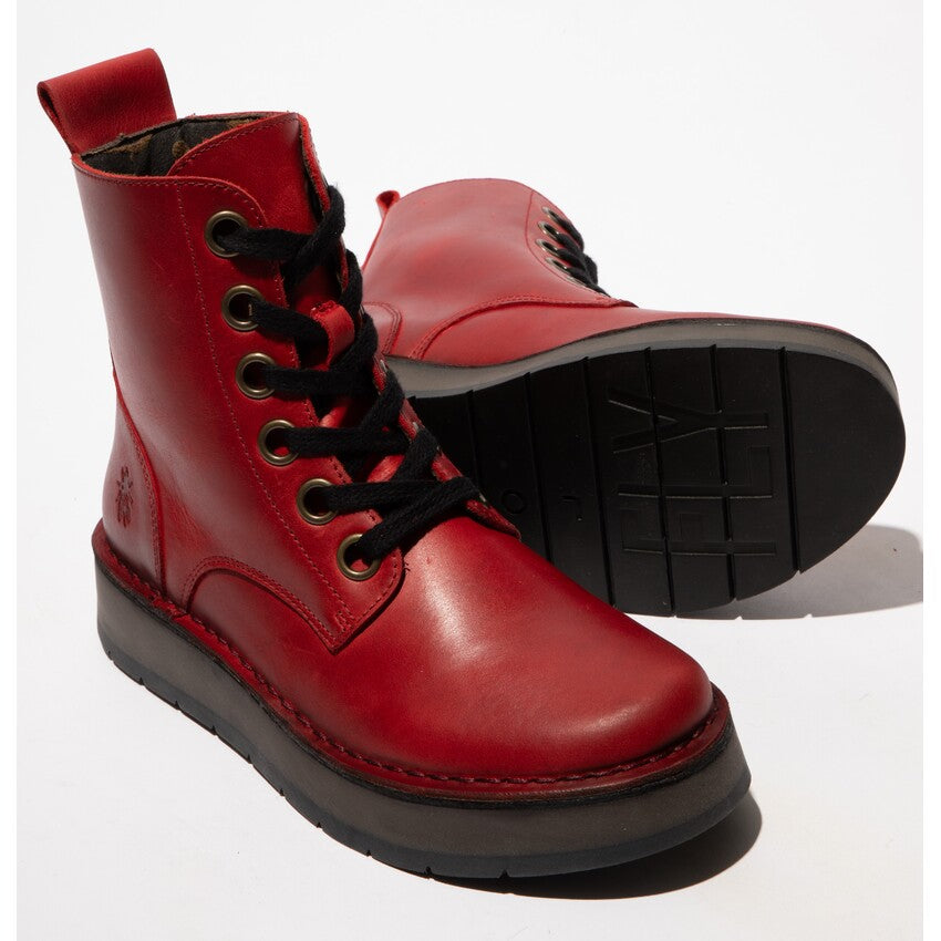 Fly REIG201FLY women's red leather lace-up ankle boots with black soles and metal eyelets.