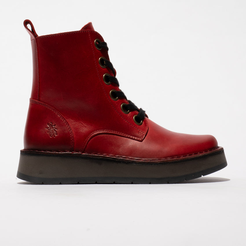 Fly REIG201FLY women's red leather lace-up ankle boots with rugged sole and stylish design.