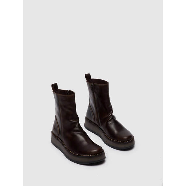 Fly RENO053 Rug Ladies Dark Brown Leather Side Zip Ankle Boots-elevate your sole