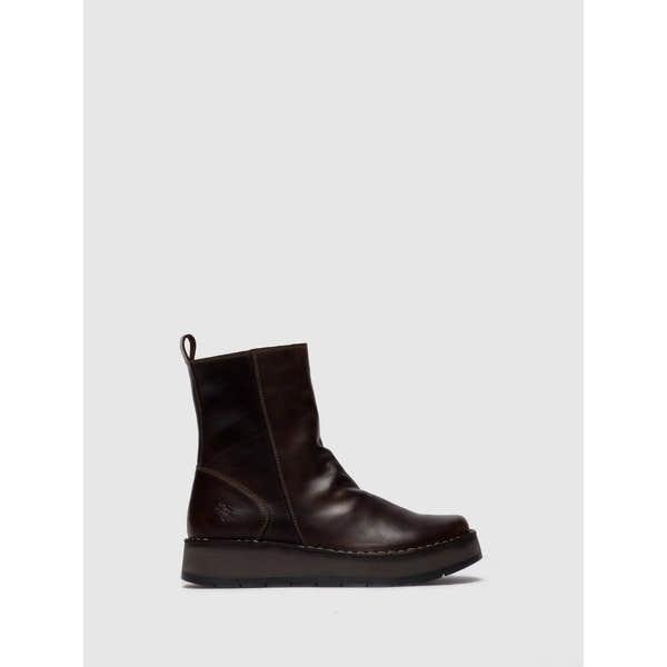 Fly RENO053 Rug Ladies Dark Brown Leather Side Zip Ankle Boots-elevate your sole