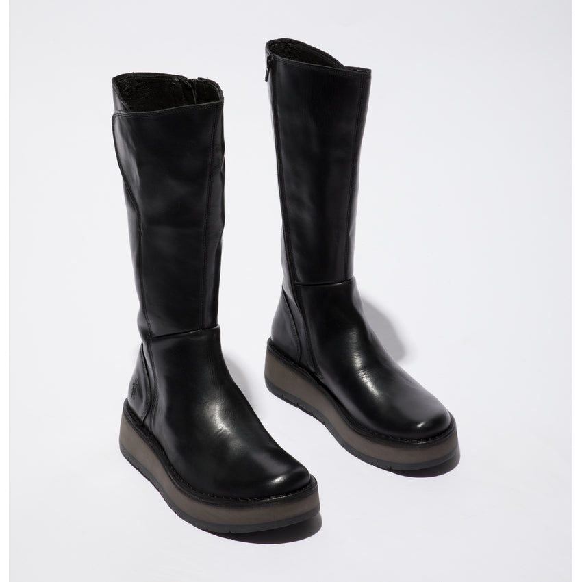 Fly RHEA042FLY ladies black leather knee-high boots with side zippers and chunky soles. Classic, stylish, and versatile footwear for women.